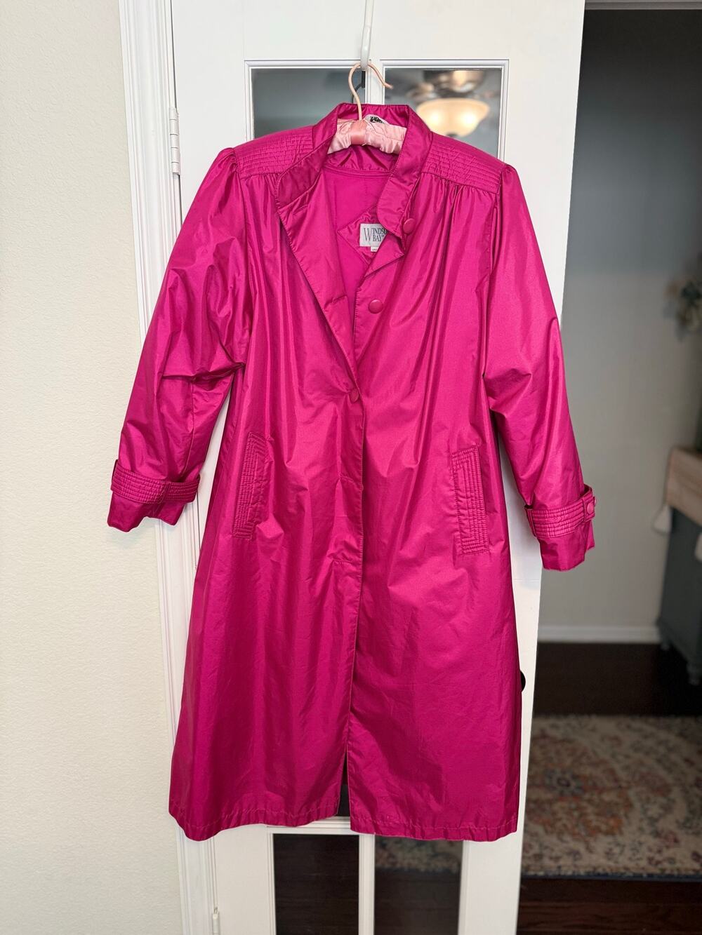 Vintage 80s Windsor Bay Hot Pink fuchsia Raincoat Trench Coat 12P EUC